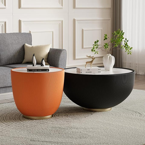 Round Coffee Table Set of 2, 2 Piece Luxury Cup Shape Leather End Tables Living Room Sets, Modern Circle Bedroom Side Tables Set of 2 with PU Leather Sofa Sets for Living Room Bedroom