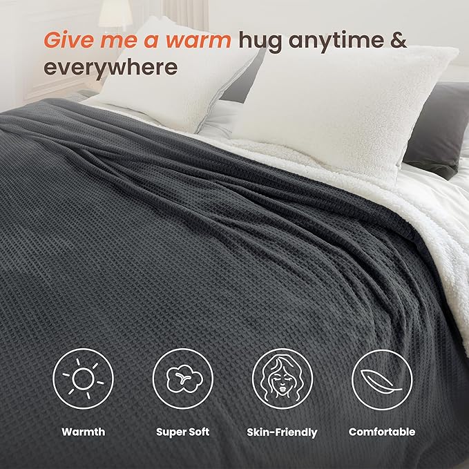 Heated Blanket Electric Blanket Queen Waffle, 84x90 Inches Dual Controllers Sherpa Fleece Fast Heating Blanket 6 Heating Levels & 10 Hours Auto Off ETL Certification,Charcoal Grey Queen
