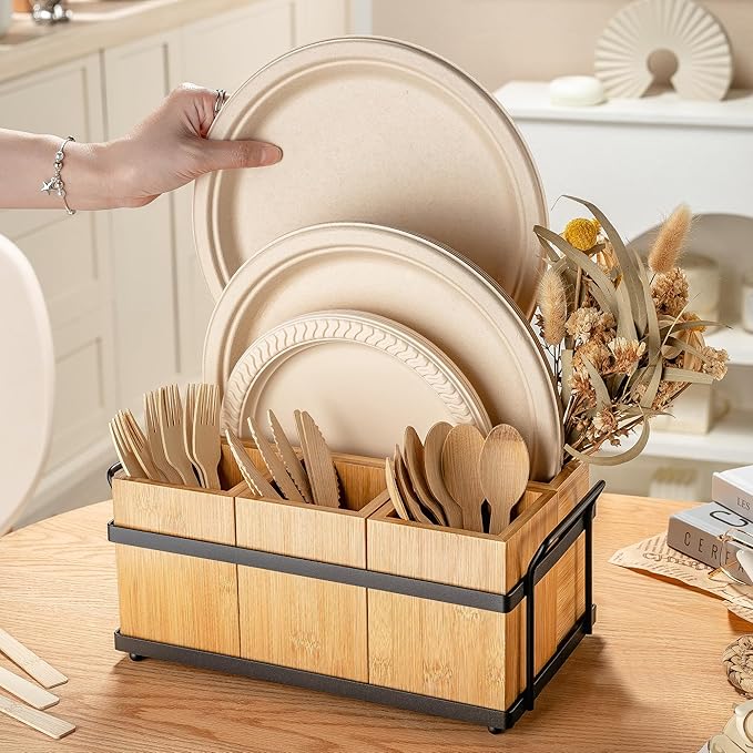 PTSTING Silverware Caddy Wood Holder Paper Plate Dispenser Utensil Caddy Cutlery Flatware Organizer Box for Spoons Forks Plates Napkins