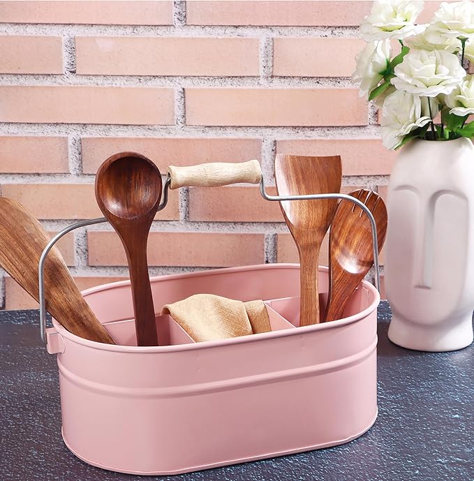 Alpha Living Home Farmhouse Utensil Caddy - 4 Compartment Silverware & Kitchen Organizer with Sturdy Wooden Handle, Heavy Duty Metal Alloy Utensil Holder Durable Powder-Coated Finish (Pink)