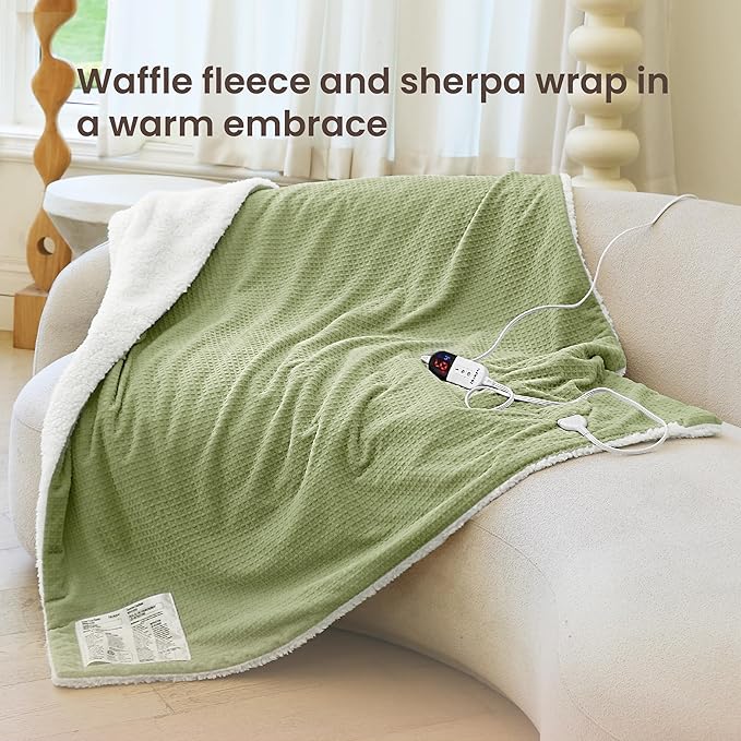 Heated Blanket Electric Throw Waffle, 50x60 Inches Sherpa Fleece Fast Heating Blanket 6 Heating Levels & 4 Hours Auto Off ETL Certification, Sage Throw
