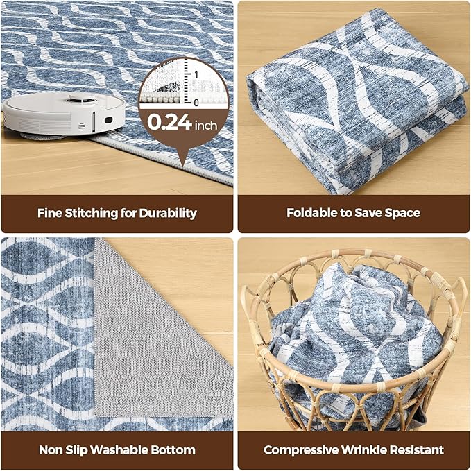 WITSHOCK 9x12 Area Rugs: Washable Non-Slip Soft Geometric Boho Print Pattern Large Thin Indoor Rug for Living Room Bedroom Dining Room, Carpet for Nursery Playroom Decor, Kid & Pet Friendly, Blue