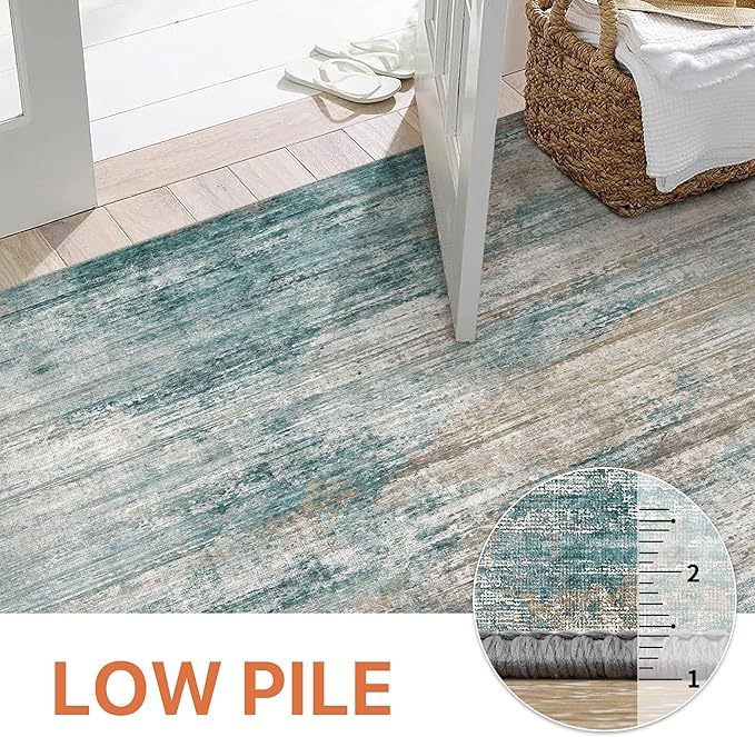 GENIMO Washable Area Rugs for Living Room Bedroom, 5X7 Modern Abstract Non Slip Rug, Low Pile Soft Contemporary Indoor Floor Carpet Cover for Dinning Room Kitchen, Teal/Grey
