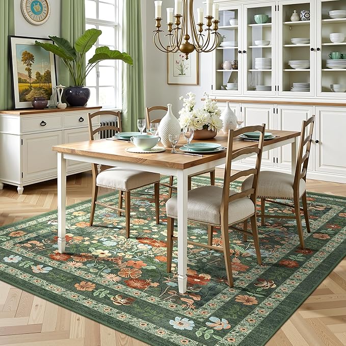 Deerly Green Boho Floral Rug 6x9 Vintage Boho Washable Non-Slip Living Room Carpet Soft Low Pile Thin Bedroom Floor Mat Indoor for Dining Room Playroom Nursery Farmhouse, Green/Multi