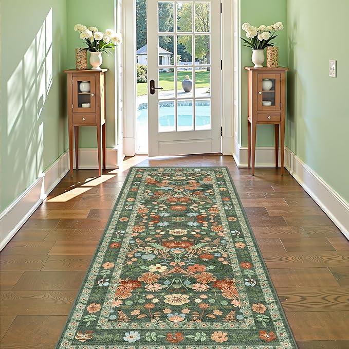 Deerly Green Floral Runner Rug 2x6 for Hallway Vintage Boho Washable Bathroom Kitchen Bedroom Runner Rugs Non-Slip Soft Low Pile Thin Indoor Carpet for Laundry Room Farmhouse Flower, Green/Multi