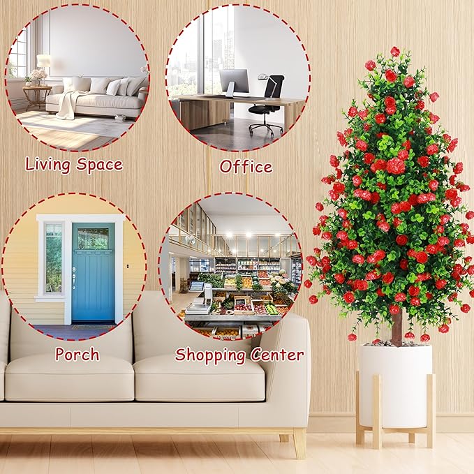 Sunnyglade 2 Packs 27.5" Artificial Rose Tree, Fake Rose Shrub Bushes Trees with Spike Faux Topiary Plants Tree for Indoor, Garden, Yard, Porch, Patio Decor