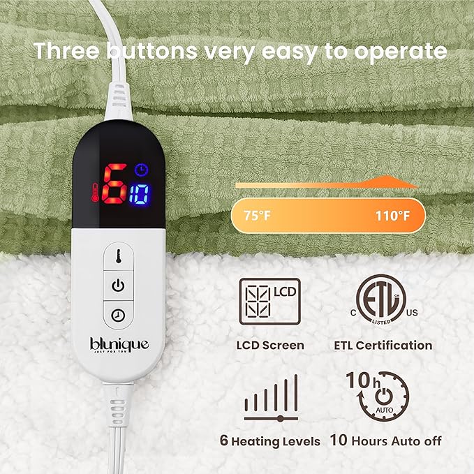 Heated Blanket Electric Blanket Twin Waffle, 62x84 Inches Sherpa Fleece Fast Heating Blanket 6 Heating Levels & 10 Hours Auto Off ETL Certification, Sage Twin