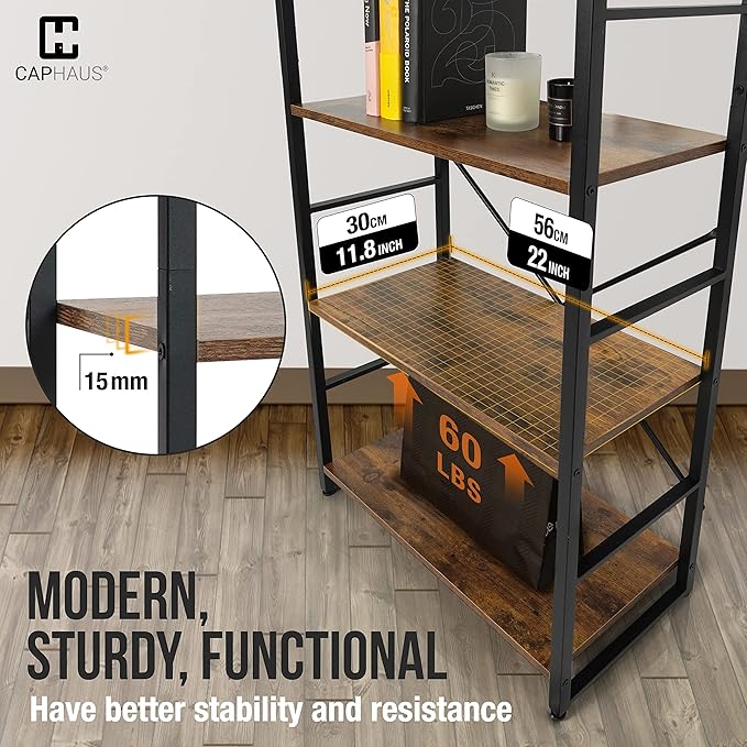 CAPHAUS 5 Tier Bookshelf, 24 Inch Width Free Standing Shelf, Bookcase Shelf Storage Organizer, Industrial Book Shelves for Home Office, Living Room, Kitchen, Rustic Oak
