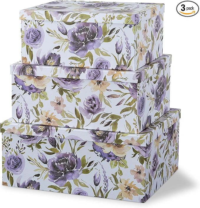 Soul & Lane Decorative Cardboard Storage Boxes with Lids for Home Decor and Organization, Set of 3 Large Keepsake Boxes for Memories & Gifts, Nesting Floral Photo Storage Containers, Purple Passion