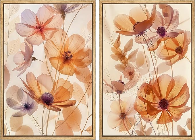 MUDECOR Framed Canvas Print Wall Art Orange Purple Wildflower Botanical Illustrations Modern Art Decorative Bohemian Colorful Chic for Living Room, Bedroom, Office - 16"x24"x2 NATURAL