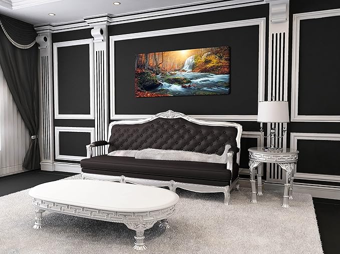 Autumn Waterfall Large Stretched Canvas Wall Art For Living Room Bedroom Home Decoration,Mordern Forest River Print Picture Painting Decor Giclee Artwork,Gallery Wrapped Gift,Inner Frame(30x60)