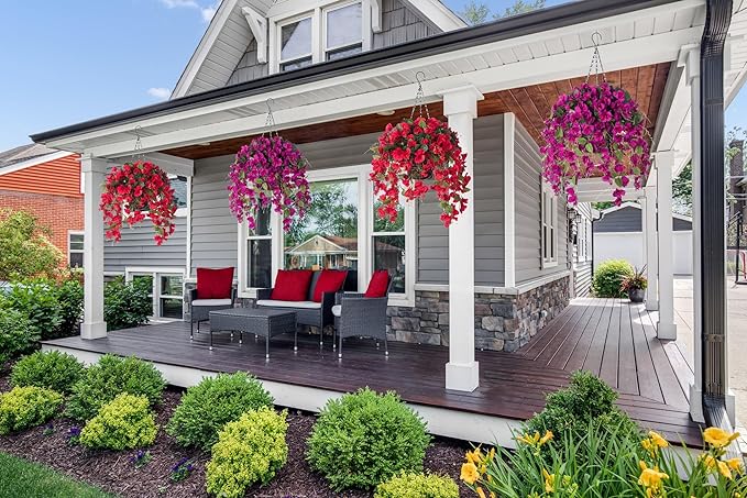 Artificial Hanging Flower Baskets for Fall Decoration, Outdoor Fake Plant Faux Silk Hibiscus Long Vines in Planter UV Resistant Realistic Flowers for Outside Porch Patio Home Decor, Yellow