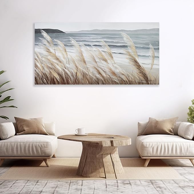 Plant Wall Art Nature Wall Art Reed Seascape Canvas Painting Wall Decor Framed Artwork for Bedroom Living Room Decoration Home Kitchen Office 20"x40"