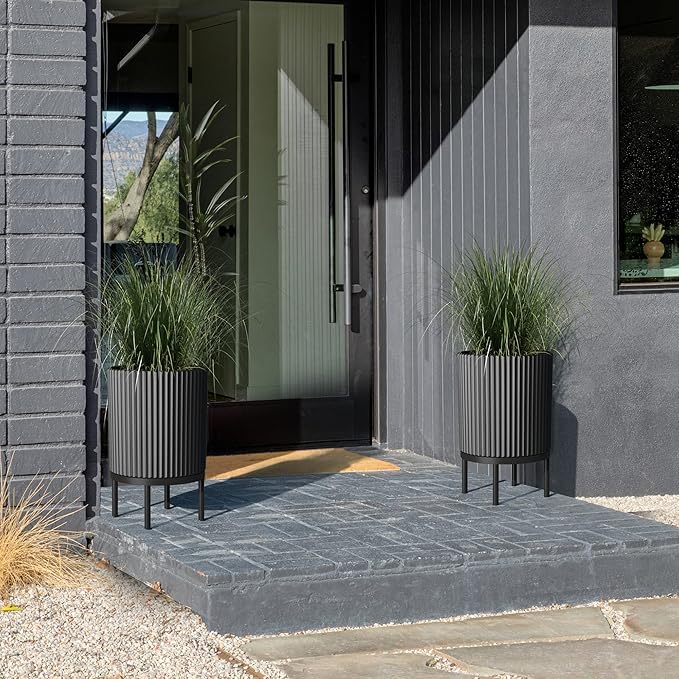 Veradek Demi Series Round Planter w/ Stand for Porch/Patio | Durable Plastic-Concrete & Wooden Stand | Modern Décor for Tall Plants, Flowers