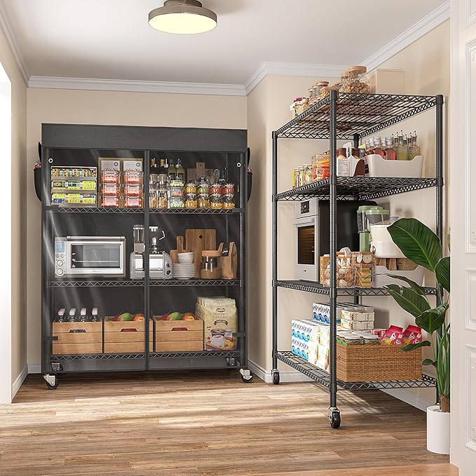 REIBII 4-Tier Storage Shelves Wire Shelving Unit with Cover & Wheels, Heavy Duty Metal Shelving for Dorm Storage Shelves, Garage Storage Rack Commercial Shelf, 36" W*14.3" D*56.5" H