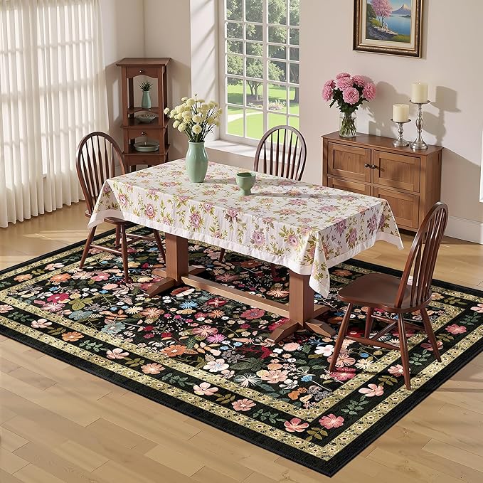 Black Floral Area Rugs 4x6 Washable Living Room Bedroom Carpet - Vintage Boho Thin Non-Slip Soft Low Pile Floor Mat Indoor Home Decor for Dining Room Playroom Farmhouse, Black/Multi