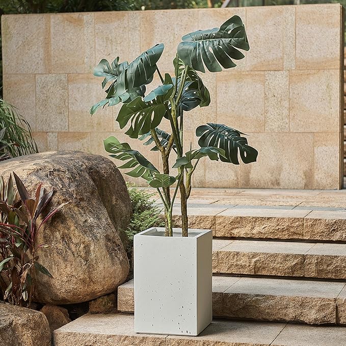GDFStudio Lightweight Concrete Rectangle Planter Box,Handmade Outdoor Garden Pot with Drainage Hole & Rubber Plug,Modern Plant Container for Backyard Patio,No Assembly Needed,13.1" W White