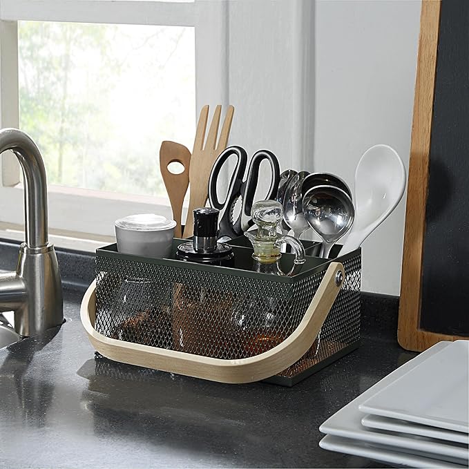 SunnyPoint Utensil Caddy with Plywood Handle – Metal Mesh Silverware & Cutlery Organizer for Kitchen, Picnic, Party, Restaurant & Events (ARMY)