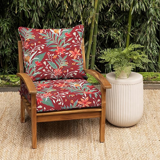 Arden earthFIBER Outdoor Deep Seat Cushion Set, 24 x 24, Rain-Proof, Fade Resistant, Deep Seat Bottom and Back Cushion for Chair, Sofa Luau Red Tropical Floral