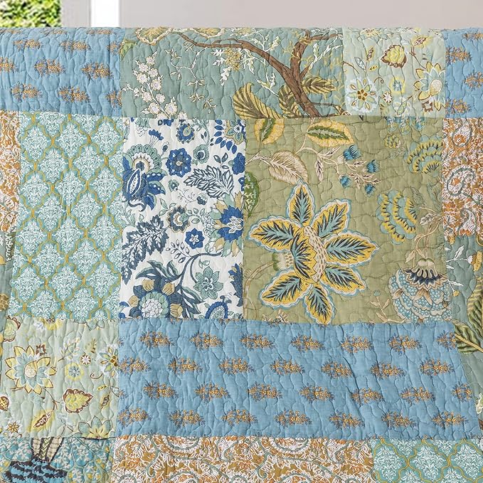 NEWLAKE Cotton Quilted Throw Blanket for Bed Couch Sofa, Reversible Patchwork Matelasse Blanket with Real Stitched Embroidery, Bohemian Floral Pattern, 60X78 Inch