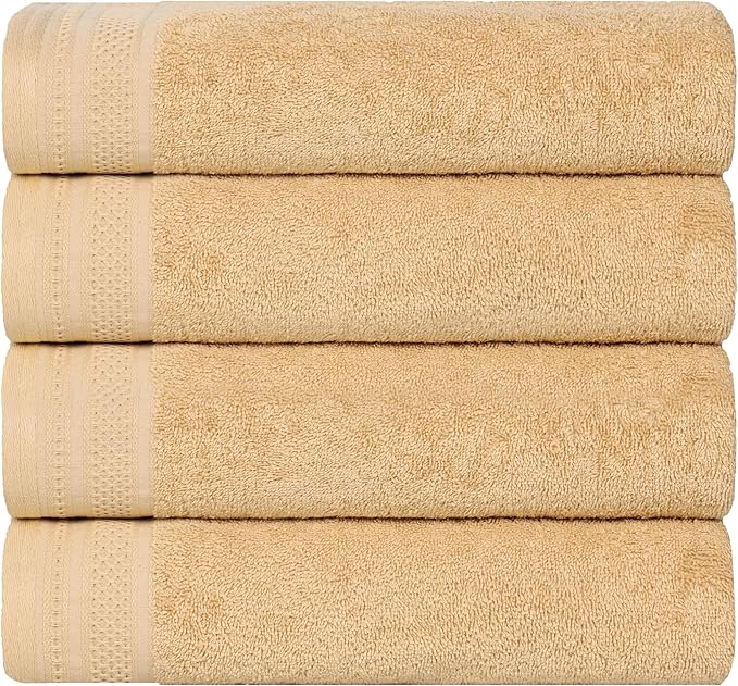 Superior Honeycomb Cotton Medium Weight Towels, for Guest Bath, Master Bathroom, Shower, Quick Dry, Adults, Home Essentials, Textured Waffle Border, Towel Set, Bath Towels, Set of 4, Gold