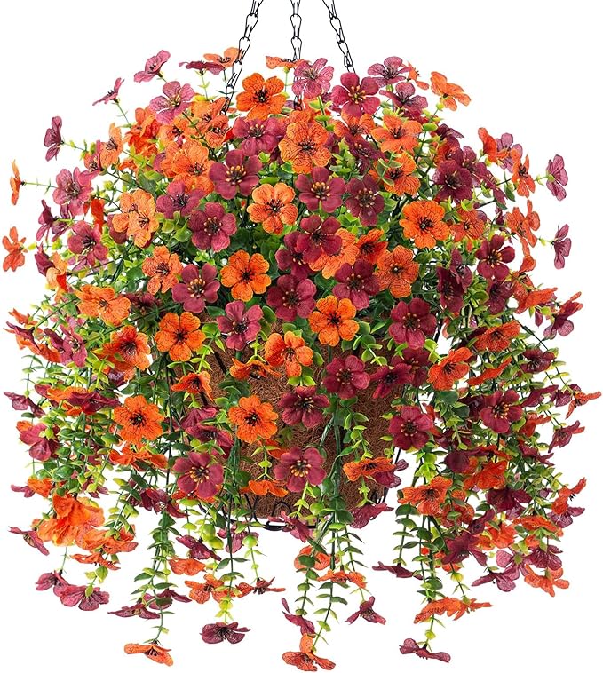 Artificial Fake Fall Hanging Flowers Plants with Basket for Outdoor Decor, Fake Mums Autumn Plants No Fade Plastic Faux Silk Daisy Flowers Fall Decoration for Outside Garden Porch Patio(Yellow Brown)