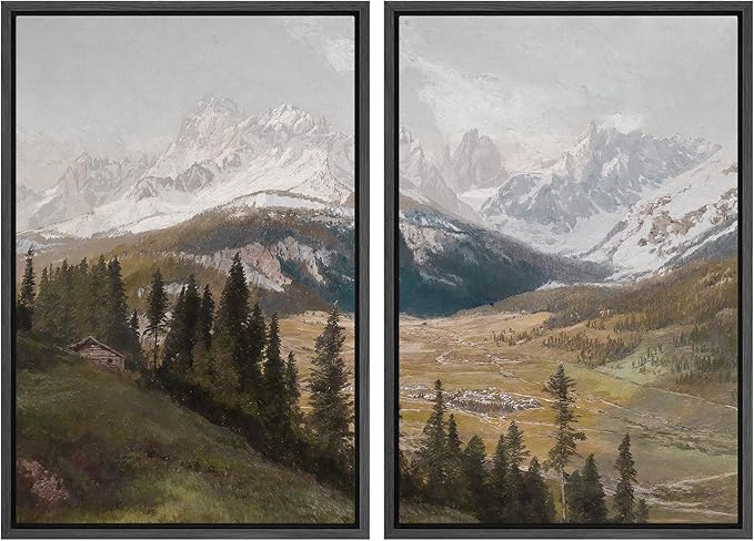 MUDECOR Framed Canvas Print Wall Art Alpine Meadow and Mountain Range Rustic Cabin Nature Nature Wilderness Illustrations Realism Decorative Scenic for Living Room, Bedroom, Office - 16"x24"x2 Black