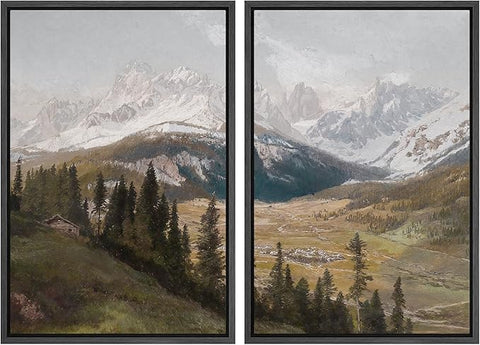 MUDECOR Framed Canvas Print Wall Art Alpine Meadow and Mountain Range Rustic Cabin Nature Nature Wilderness Illustrations Realism Decorative Scenic for Living Room, Bedroom, Office - 16"x24"x2 Black