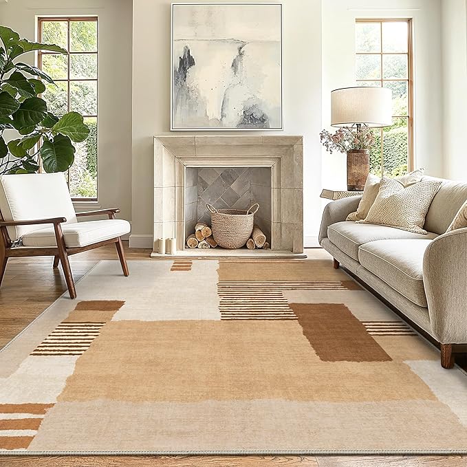 GENIMO Washable Area Rugs for Living Room Bedroom, 8x10 Modern Abstract Stripe Non Slip Rug, Low Pile Soft Contemporary Indoor Floor Carpet Cover for Dining Room Kitchen, Orange Brown