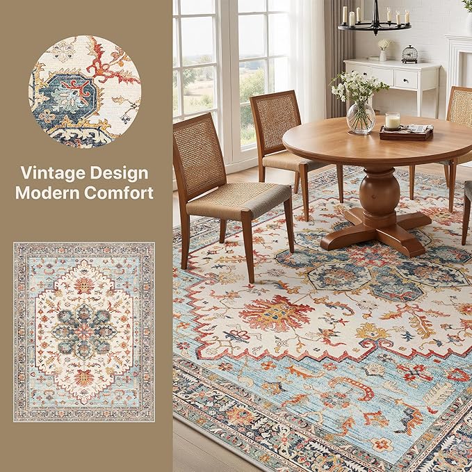 GENIMO 8X10 Area Rugs for Living Room, Machine Washable Vintage Floor Cover Foldable Modern Non Slip Rug, Low Pile Soft Indoor Carpet Floral Print Mat Rug,Bedroom/Dining Room/Home Office,Sky Blue