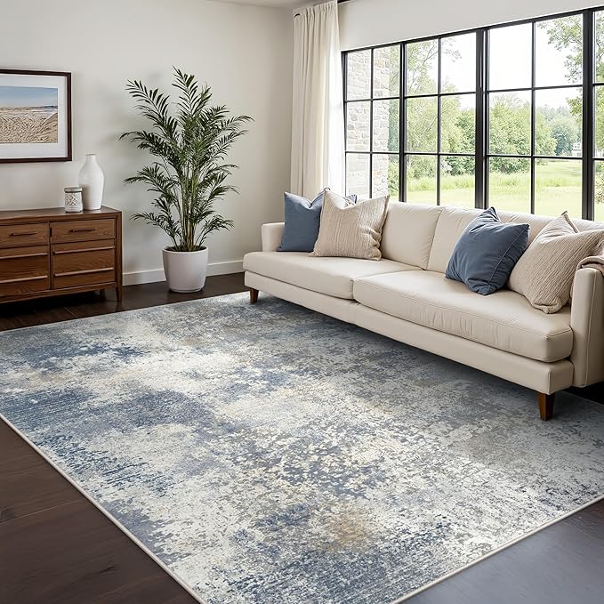 GENIMO 8x10 Washable Area Rugs for Living Room Bedroom, Modern Abstract Low Pile Soft Non Slip Rug, Contemporary Indoor Floor Carpet Cover for Dining Room Kitchen, Sky Blue