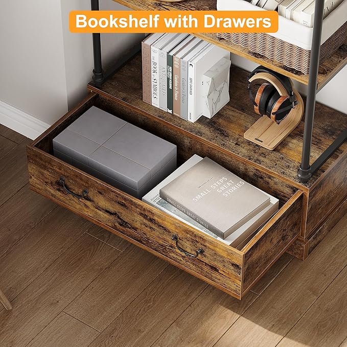 GarveeHome 81.3" Bookshelf with Storage Drawer, Tall Bookcase w/Metal Frame, 5 Tier Vintage Bookshelf Industry Display Storage Shelf for Office Living Room Library Bedroom