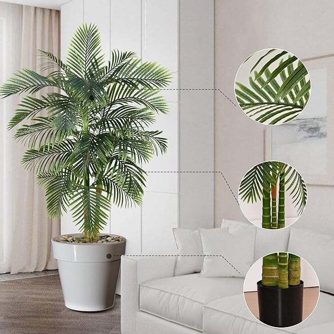 Artificial Palm Tree Indoor Plant 6FT Tall Fake Tropical Palm Tree in Pot with Real Bark Design Faux Areca Palm Tree for Home Office Living Room Bedroom Farmhouse Modern Outdoor Decor (22 leaves 6 FT)