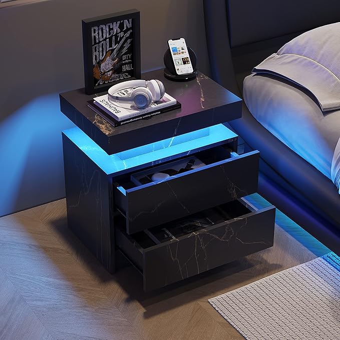 LED Nightstands Set of 2, Modern End Side Table with 2 Drawers, LED Bedroom Furniture for Bedroom and Living Room, Black Marble Pattern