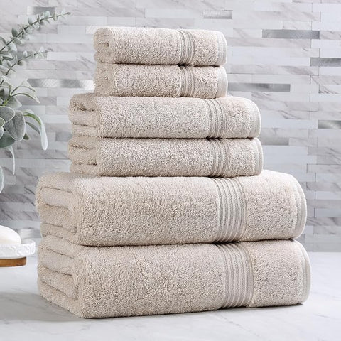 Superior Egyptian Cotton 6-Piece Towel Set, Assorted Towels for Home Bathroom, Master, Guest Bath, Decor Essentials, Includes 2 Bath, 2 Hand, 2 Face Towels/Washcloths, Quick Dry, Absorbent, Stone