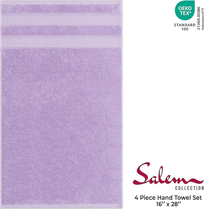 American Soft Linen Salem 100% Cotton Turkish 4 Piece Hand Towels for Bathroom, 600 GSM Soft Absorbent Quickdry Hand Face Towel Set, Lilac