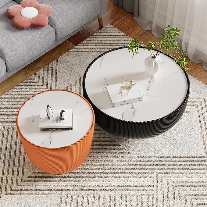 Round Coffee Table Set of 2, 2 Piece Luxury Cup Shape Leather End Tables Living Room Sets, Modern Circle Bedroom Side Tables Set of 2 with PU Leather Sofa Sets for Living Room Bedroom