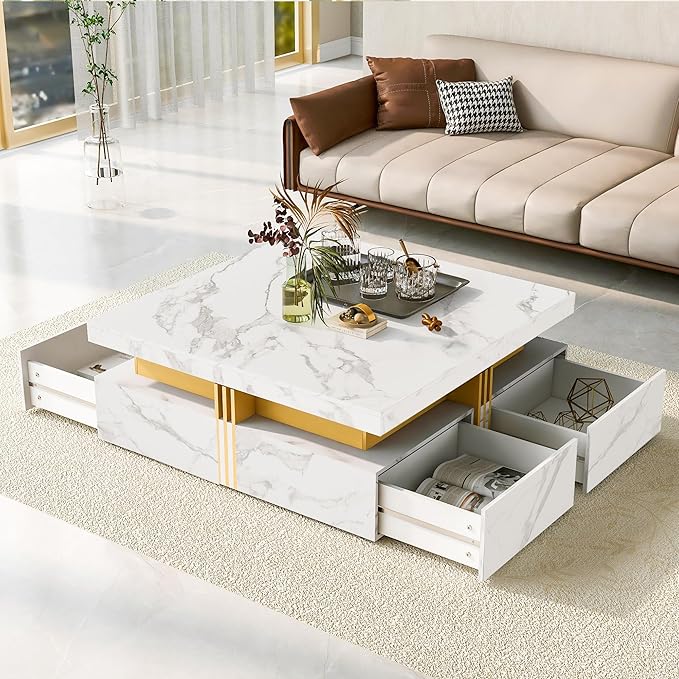 Merax Coffee Table, Modern Square Coffee Table with 4 Drawers, Contemporary Luxury Center Table Cocktail Table with Gold Accents for Living Room, 43.3" Lx 43.3" W (White)