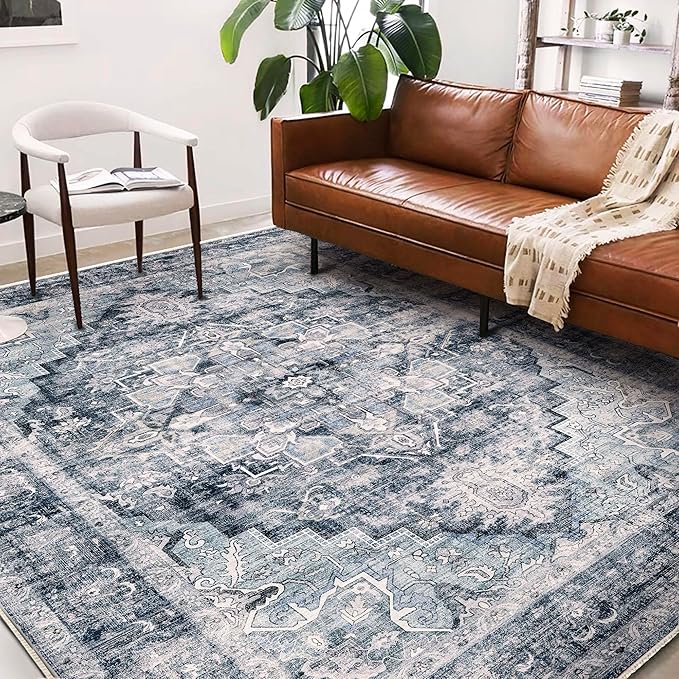 Washable Area Rug 10'x14' Dark Blue Retro Flowers Boho Design Non-Shedding Easy Care Ideal for High Traffic Areas in Living Room Bedroom Office Coffee Table Kitchen Large Carpet