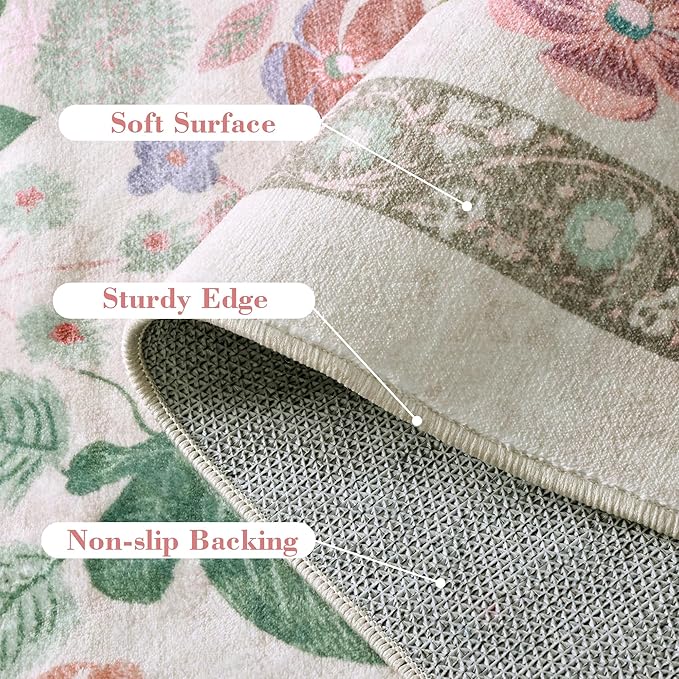 Deerly Floral Rug 5x8 Vintage Boho Washable Non-Slip Living Room Carpet Soft Low Pile Thin Bedroom Floor Mat Indoor Home Decor for Dining Room Playroom Nursery Farmhouse, Beige/Light Pink/Multi