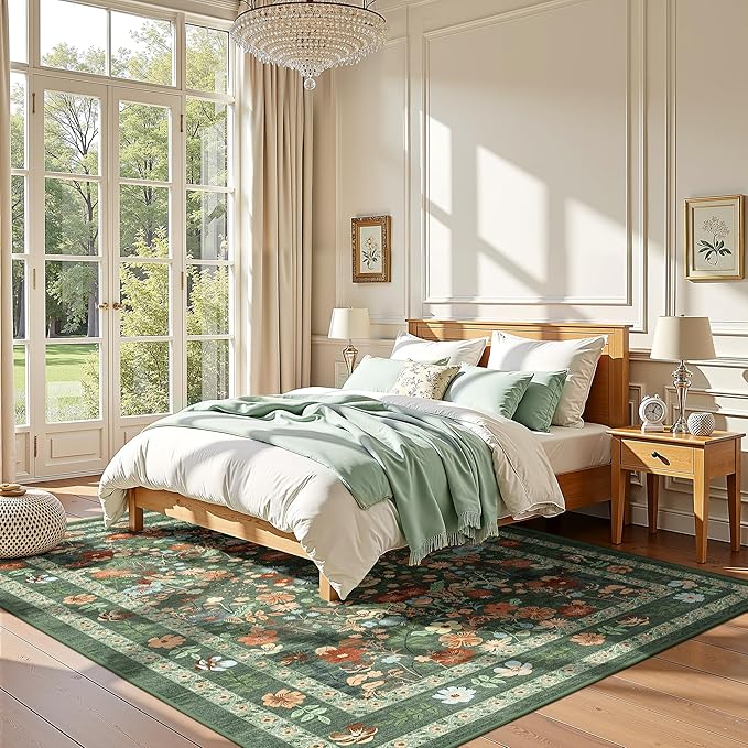 Deerly Green Floral Rug 5x8 Vintage Boho Washable Non-Slip Living Room Carpet Soft Low Pile Thin Bedroom Floor Mat Indoor Home Decor for Dining Room Playroom Nursery Farmhouse, Green/Multi