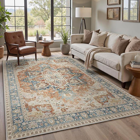GENIMO 6X9 Area Rugs for Living Room, Machine Washable Vintage Floor Cover Foldable Modern Non Slip Rug, Low Pile Soft Indoor Carpet Floral Print Mat Rug,Bedroom/Dining Room/Home Office,Terracotta