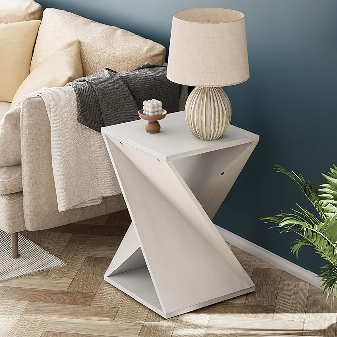 Modern End Table Square Solid Wood Pedestal Side Table Rustic Plant Stand with Twisted Design for Living Room, Bedroom, Office, White