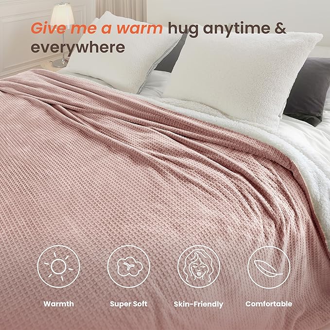 Heated Blanket Electric Blanket Queen Waffle, 84x90 Inches Dual Controllers Sherpa Fleece Fast Heating Blanket 6 Heating Levels & 10 Hours Auto Off ETL Certification, Pink Queen