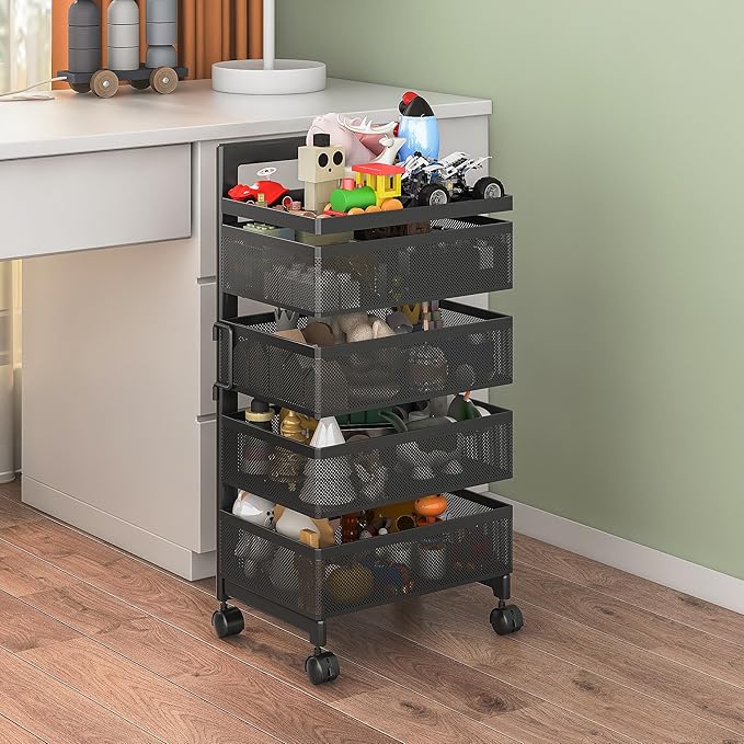 Bathroom Rotating Storage Cart No Assembly Required 4-Tier Metal Sturdy Fruit Basket for Kitchen, Rolling Vegetable Storage Rack,Bathroom Shelf,Storage Drawer Cart (Black, 4 Tier-Square)