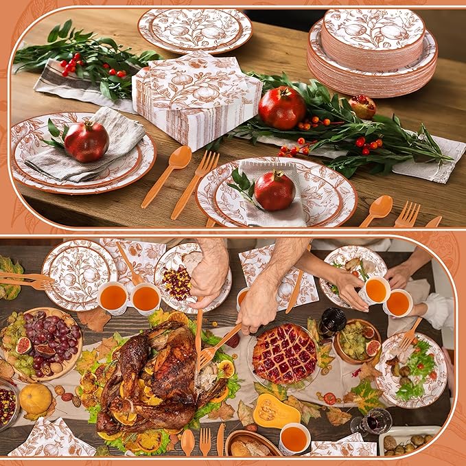 400 Pieces Fall Vintage Pomegranate Disposable Party Tableware Sets Including Orange Floral Plates Cups Napkins Cutlery Serves 50 for Thanksgiving Wedding Baby Shower Party Decorations