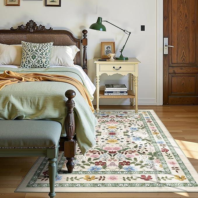 Floral Area Rugs 3x5 Small Thin Entryway Rug - Vintage Boho Washable Non-Slip Living Room Carpet Soft Low Pile Bedroom Floor Mat Indoor Home Decor for Dining Room Playroom Farmhouse, Beige/Green/Multi