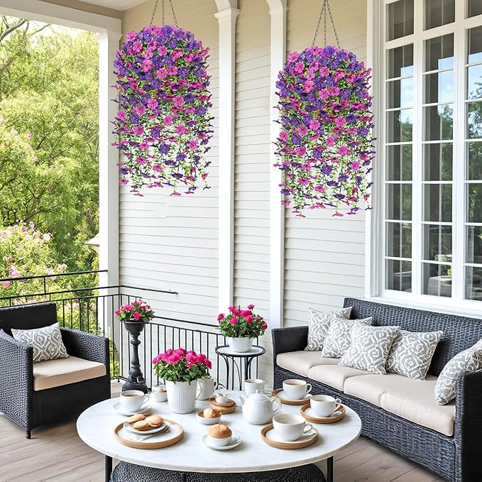 Dremisland 2 Set Artificial Hanging Baskets Outdoor Multicolored Silk Flower Plants Fake Flowers DIY Chain Hanging Basket Daisy Faux Flowers with Pot for Porch Garden Balcony Patio Summer Decor