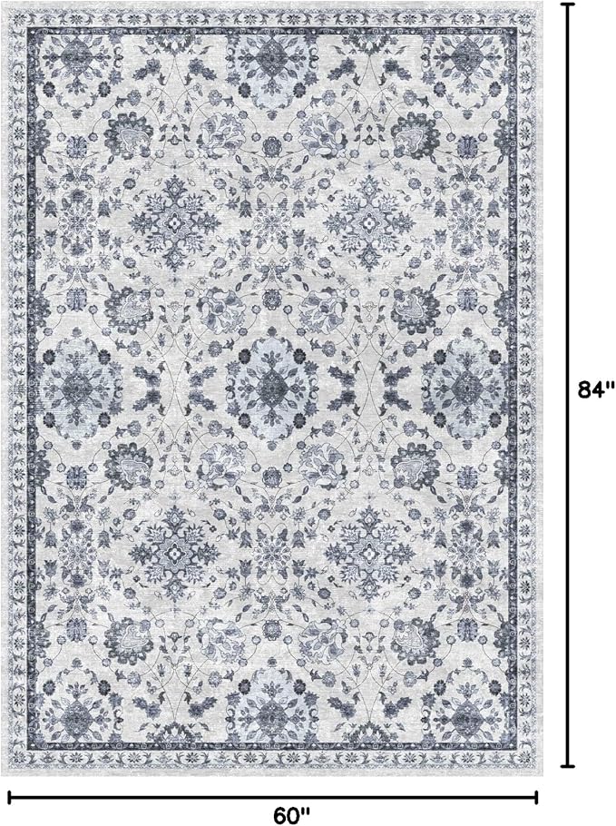 vivorug 5x7 Area Rugs, Stain Resistant Washable Rug for Living Room, Floral Rug Vintage Inspired (Ivory/Blue, 5'x7')