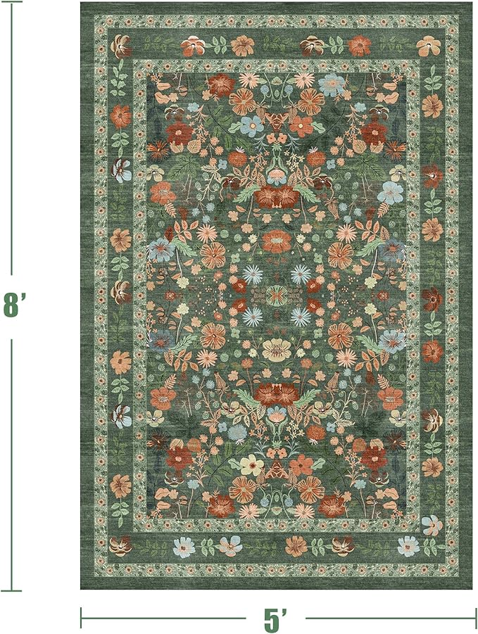 Deerly Green Floral Rug 5x8 Vintage Boho Washable Non-Slip Living Room Carpet Soft Low Pile Thin Bedroom Floor Mat Indoor Home Decor for Dining Room Playroom Nursery Farmhouse, Green/Multi